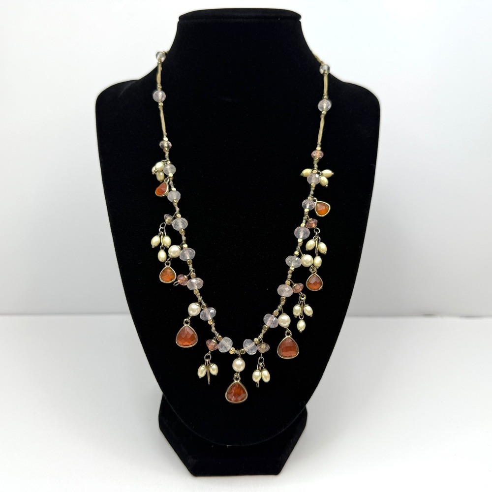 VTG Monet Faux Pearls Acrylic Beaded Necklace Dangle Gold Tone Accents Jewelry